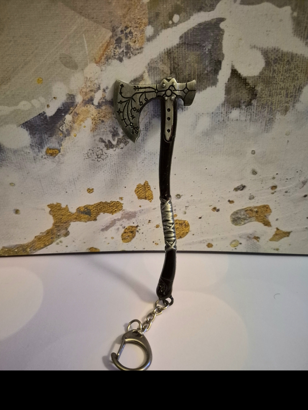 Viking Axe Keychain with silver axe head and black handle with silver detailing